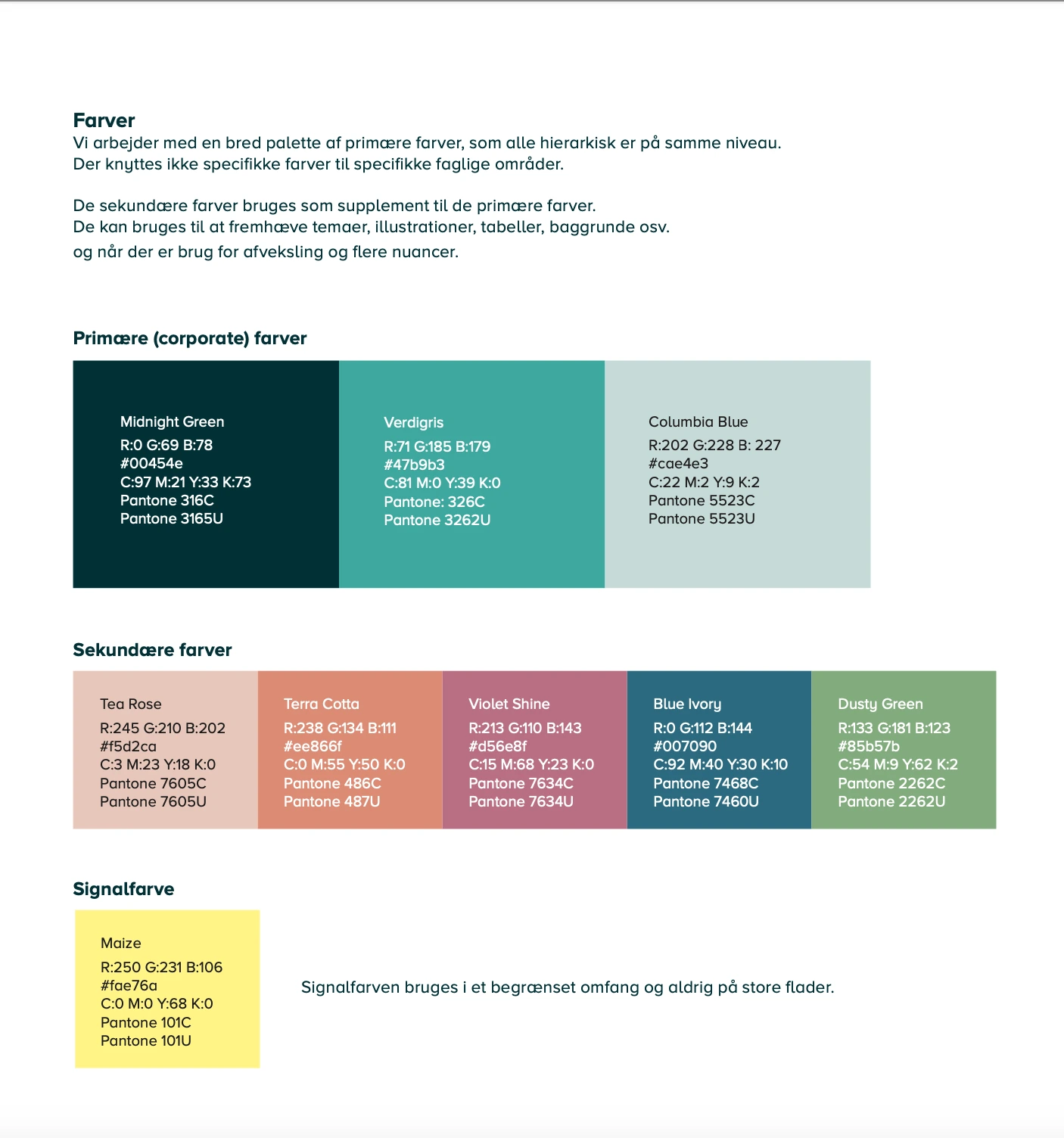 Billede af UCL's styleguide, der viser farverne Midnight Green, Verdigris og Columbia Blue.